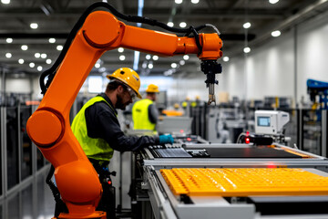 Fototapeta premium A worker operates a robotic arm in a modern manufacturing facility, showcasing automation and safety with helmets and vests.