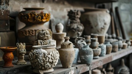 Collection of handcrafted pottery displayed on rustic wooden shelves