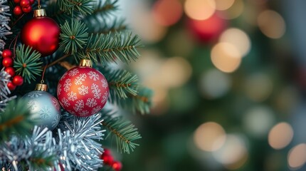 Obraz premium Christmas tree branch with red bows, balls and copper tinsel on an abstract design background, with space for text