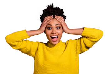 Close up photo of astonished youth scream shout put hands palms head isolated over purple background