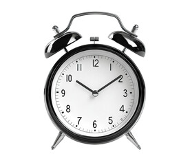 Classic black and white alarm clock with bells, isolated on transparent cutout background