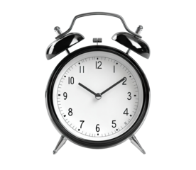 Classic black and white alarm clock with bells, isolated on transparent cutout background