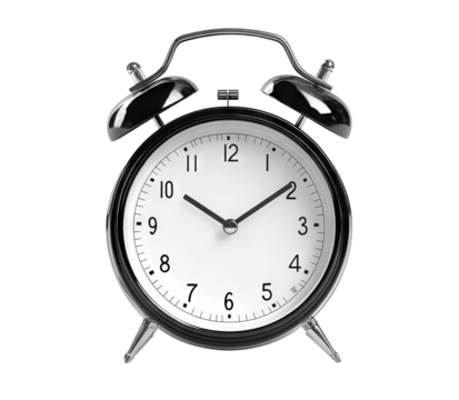 Classic black and white alarm clock with bells, isolated on transparent cutout background - Powered by Adobe