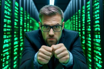 An IT expert fixing server issues in a data center, surrounded by racks of glowing equipment and cables