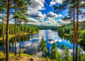 Scenic Landscape of a Serene Lake Surrounded by Pine Forests Under a Blue Sky