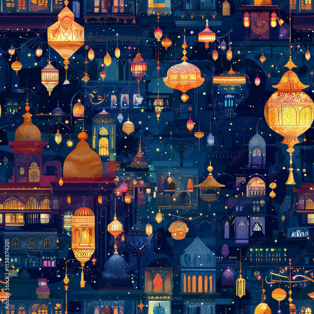 Aufkleber a vibrant night scene filled with colorful lanterns and intricate architecture, creating a magical a