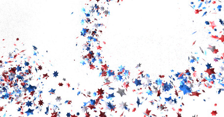 A blue glitter confetti border with red and blue stars on white
