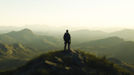Fototapeta premium Rear view of a hiker standing at the summit of a mountain landscape, Adventure, solitude and achievement 