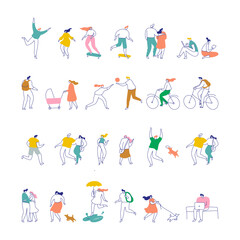 Line art people bundle. Male and female people have outdoor activity. Flat vector characters isolated on white background.