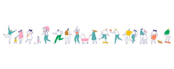 Line art people bundle. Male and female people have outdoor activity. Flat vector characters isolated on white background.