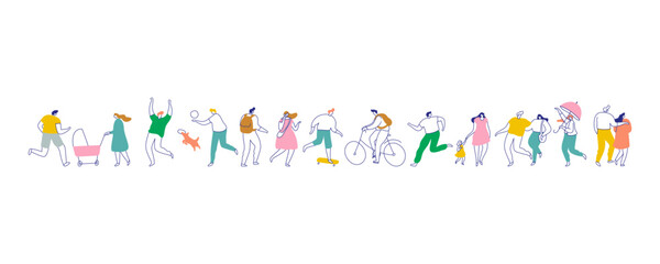 Line art people bundle. Male and female people have outdoor activity. Flat vector characters isolated on white background.