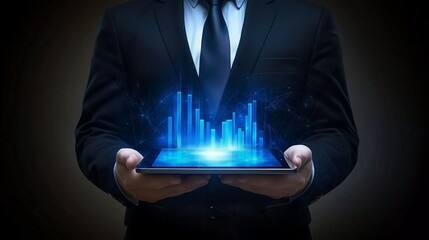 Businessman holding a tablet with a glowing blue digital graph and a business growth concept on a black background.