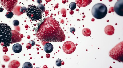 Flying berries: strawberries, blueberries, raspberries and blackberries on a white background.