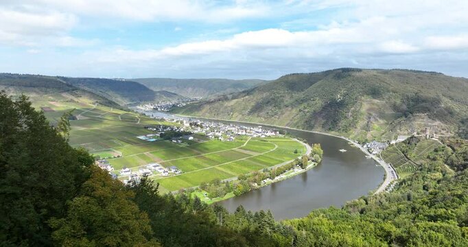 Aerial footage of the rural town on the Moselle River in Beilstein, Rhineland-Palatinate, Germany