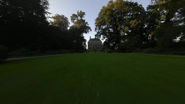 Drone footage of the Amerongen Castle at sunset in Amerongen, Utrechtse Heuvelrug, Netherlands