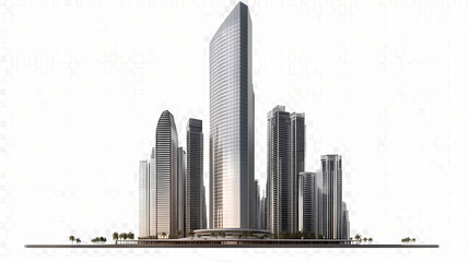 Obraz premium Modern skyscraper building isolated on transparent background, sleek high-rise cityscape with sleek office firm architecture, perfect for infrastructure visual concept designs. Isolated. Illustration