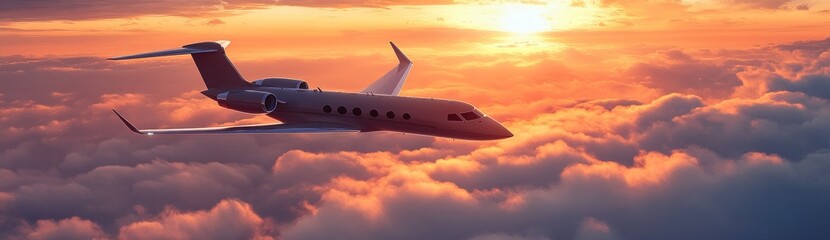 Obraz premium Sunset Flight: Private Jet Soaring Above the Clouds
