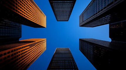 Cityscape Symphony: A breathtaking low-angle perspective showcases a cluster of towering skyscrapers piercing the azure sky.  The architectural giants stand in a powerful symmetry.