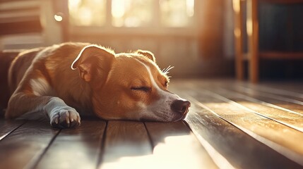 Sunlit dog relaxing on wooden floor cozy home interior animal warm atmosphere close-up serenity