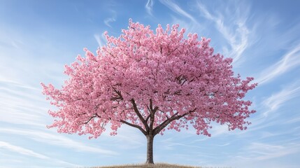 A stunning pink tree stands alone against a blue sky, showcasing vibrant blossoms and creating a picturesque scene of natural beauty.