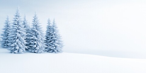 Fototapeta premium Snow-covered trees stand in a serene winter landscape with soft light and snowy ground created by fresh snowfall