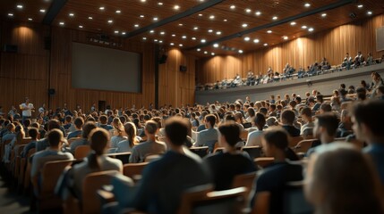 Engaging conference gathering modern auditorium audience participation academic environment wide-angle view networking opportunities