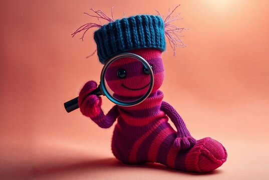 Playful Sock Creature with Magnifying Glass: Whimsical Knitted Artwork