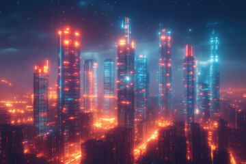 Futuristic cityscape at night with glowing skyscrapers.