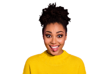 Cloe up photo of cute teen teenager make faces feel cheerful wear bright sweater isolated over violet background