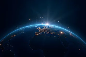 Fototapeten Night planet earth from space with light lines of communication and connection.  © Dx
