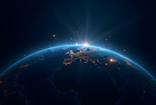Night planet earth from space with light lines of communication and connection. 