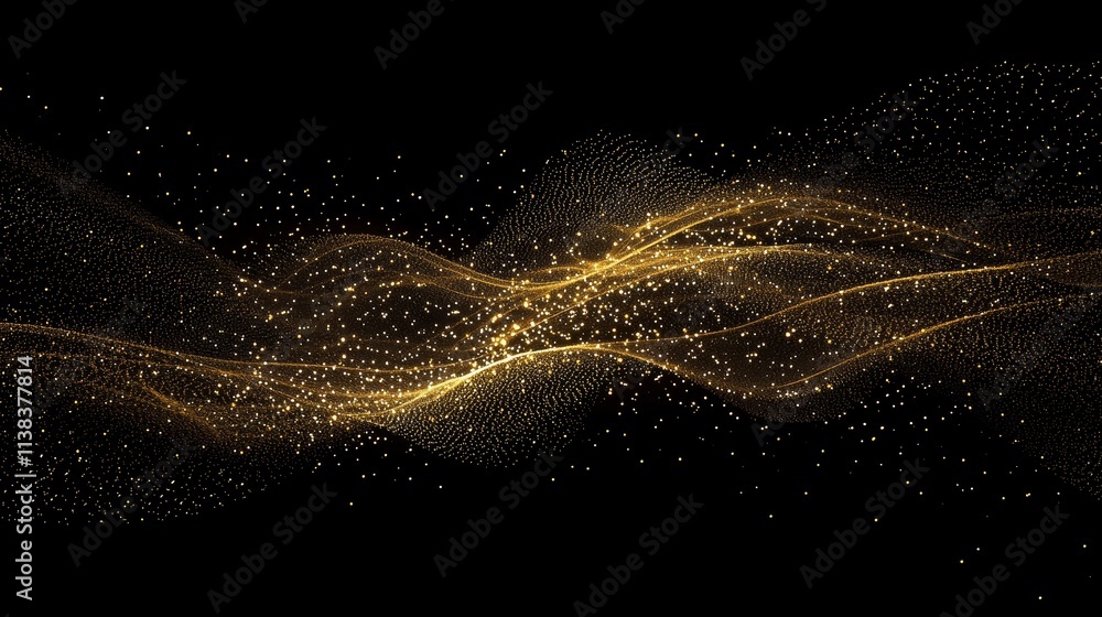 Poster against a dark brown background, a digital signature with particles, sparkling waves, and curtains i
