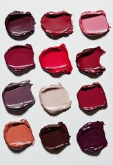 An artistic image featuring beauty product swatches, such as lipstick, displayed on a white background.
