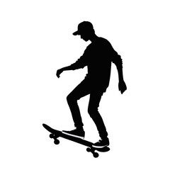 Skateboarder silhouette performing tricks in motion against a clean white background