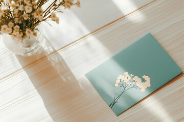 A serene scene featuring a vase of flowers and a card on a wooden surface.
