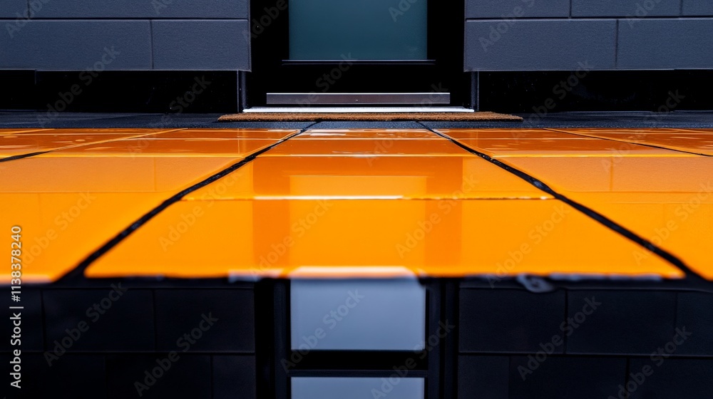 Poster reflective orange tiles: a close-up of a wet orange and black tiled floor, reflecting the surroundin