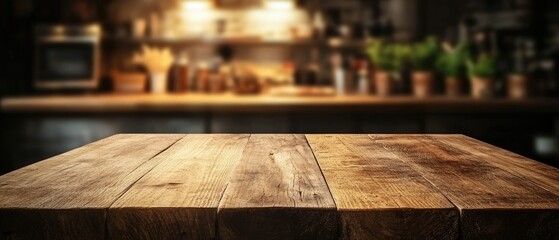 Rustic wooden table in a blurred restaurant background.