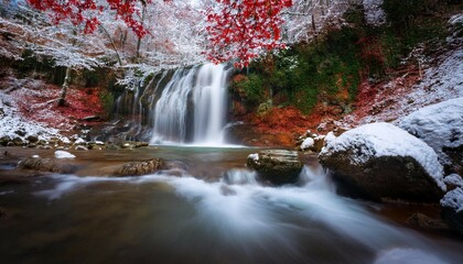 tranquil winter waterfall in a snowy forest with red leaves n serene long exposure nature photography