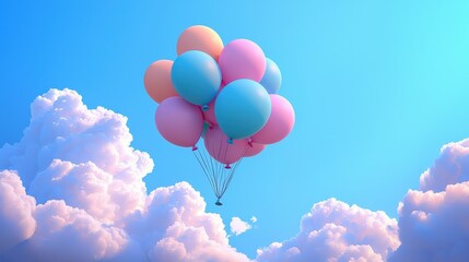 Obraz premium A vibrant cluster of colorful balloons floats against a bright blue sky, surrounded by fluffy white clouds, evoking a sense of joy and whimsy.