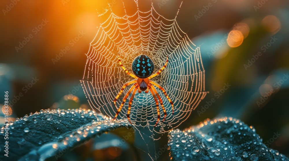 Poster A spider delicately weaves its web adorned with dew in a serene natural setting.