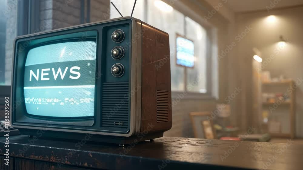Poster hazy lines a vintage screen flickers with a faint haze showcasing a scrolling news bar in a soft pas