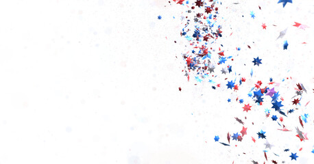 A blue glitter confetti border with red and blue stars on white  PNG 3d