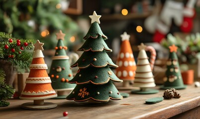 a crafting workshop scene with various stages of making the felt Christmas tree toy