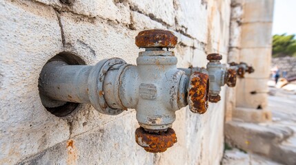 Rusty water pipes detail urban wall photo closeup industrial
