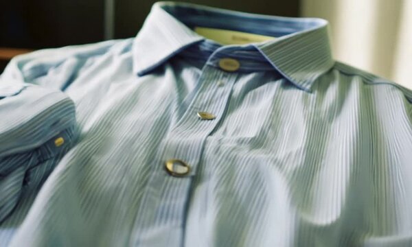 A neatly folded blue striped dress shirt with buttons.