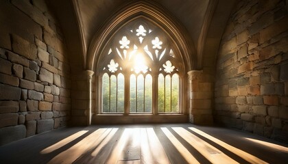 Obraz premium bright light streaming through an arched gothic window in a minimalist stone room with shadows and a serene atmosphere
