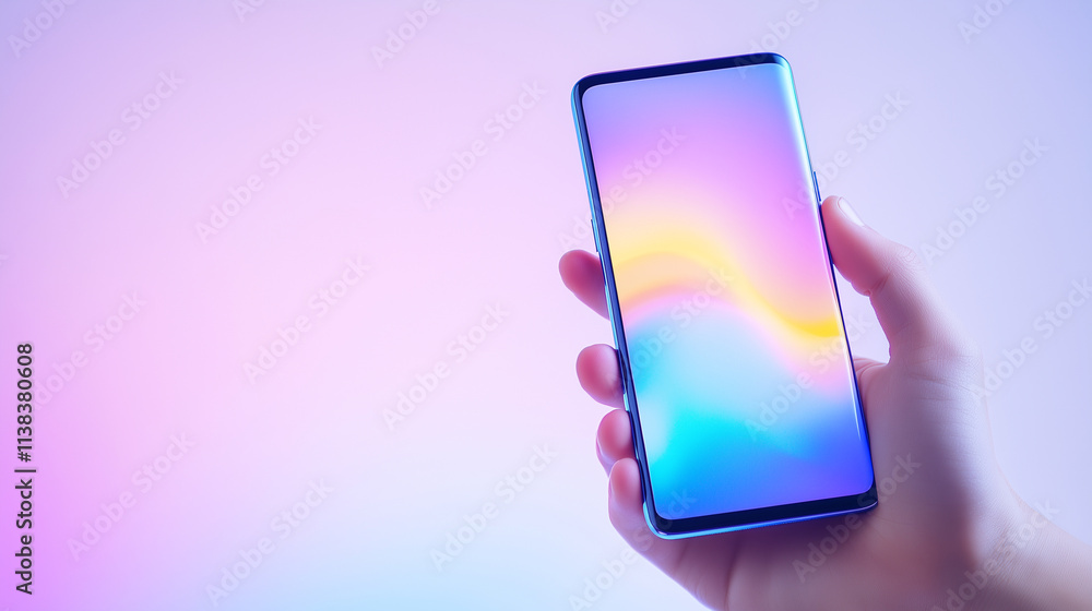 Poster hand holding a smartphone with a vibrant screen and matching gradient background a hand delicately g