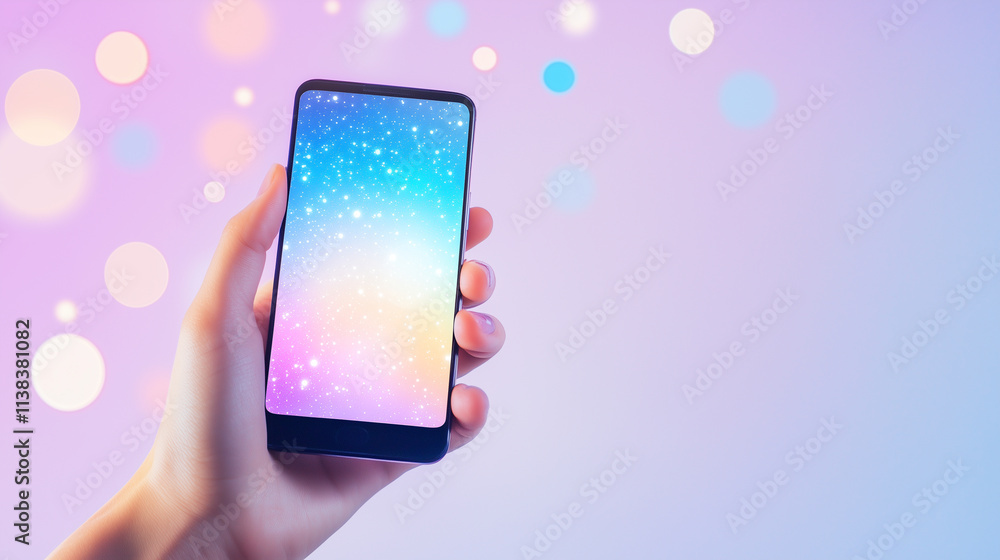Poster hand holding a smartphone with a vibrant screen and matching gradient background a hand delicately g