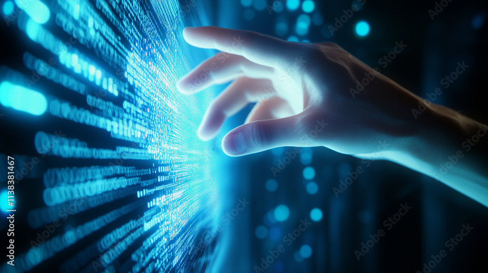 Poster human and robot hands reaching out to connect through a digital interface a human hand and a robotic