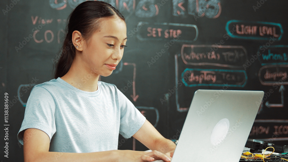 Poster smart girl programing system by using laptop at blackboard. highschool student writing engineering c